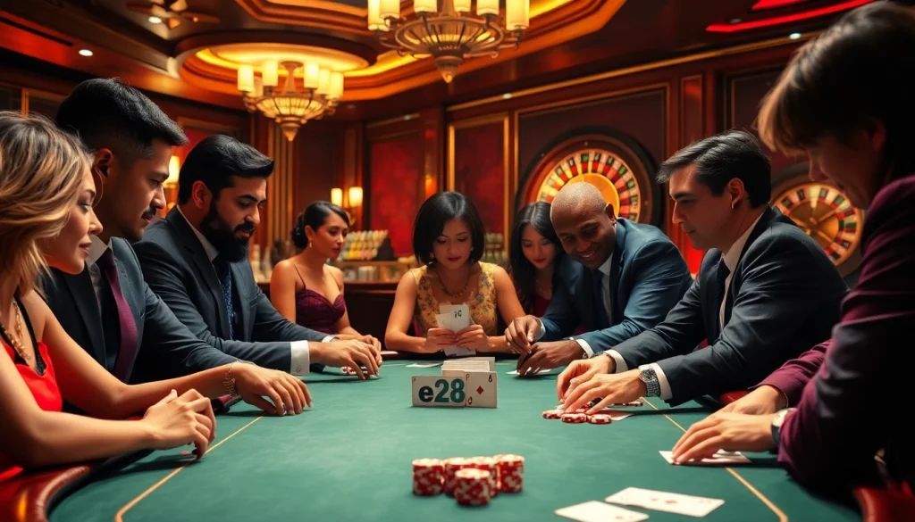 e28 poker players strategizing at a vibrant casino table, showcasing poker chips and cards.