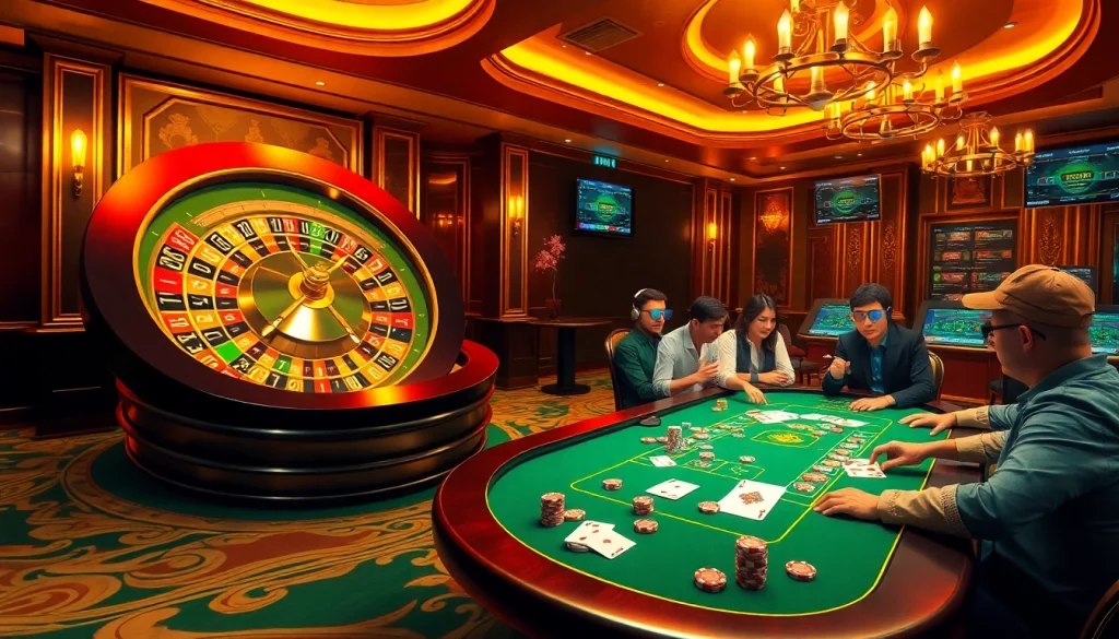 Discover giải mã nhà cái strategies at a vibrant casino scene featuring roulette and poker tables.