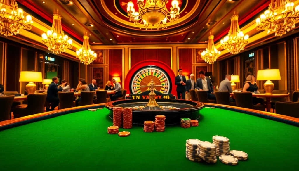 Immersive view of a luxurious casino showcasing poker and roulette in action at https://8us.skin/, highlighting gaming excitement and elegance.