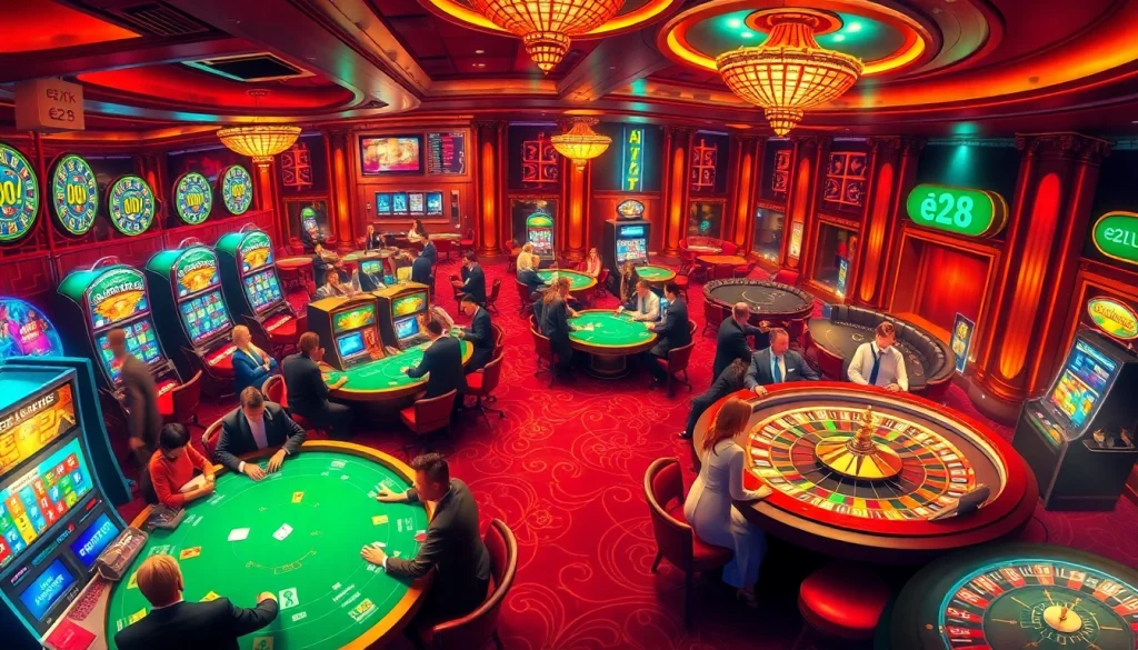 Experience the thrill of the e28 Lounge in this vibrant casino scene with players at poker tables and dazzling slot machines.