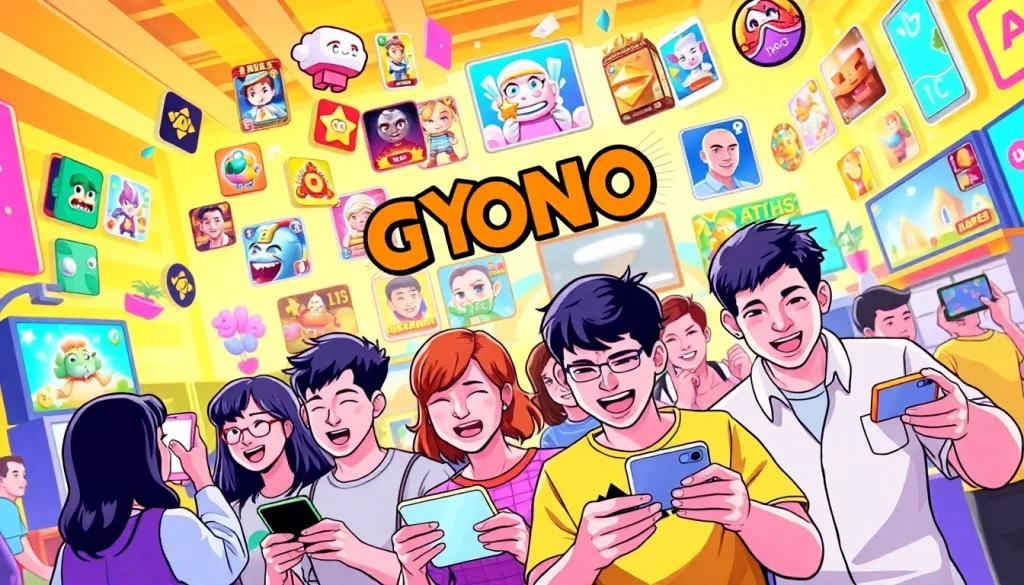 Players enjoying All Yono Games on mobile devices in an energetic gaming setting.
