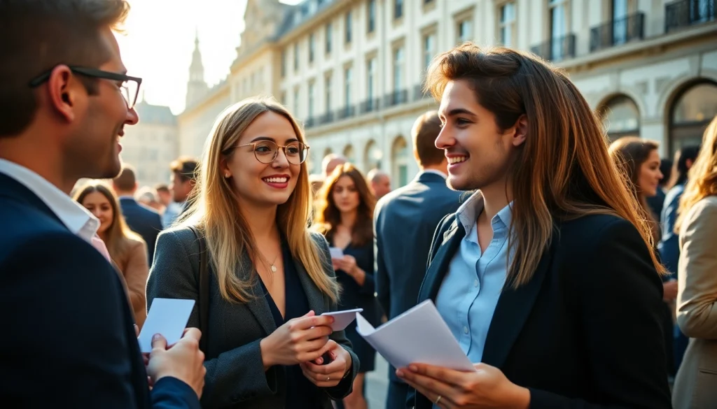 Networking professionals represent the europe connection in a vibrant European city.
