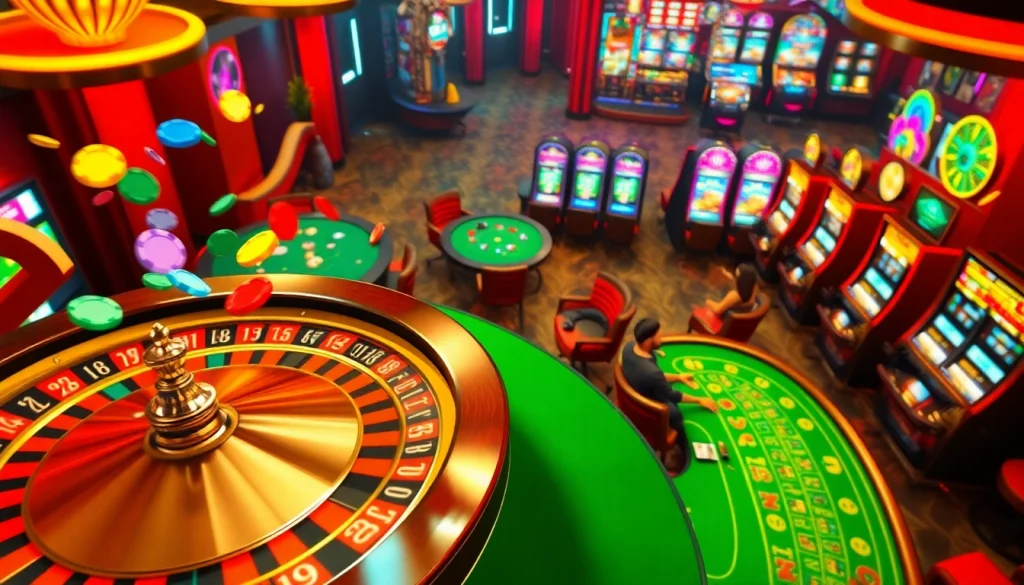 Twin68 casino scene showing players at a blackjack table with chips and a roulette wheel in an exciting atmosphere.