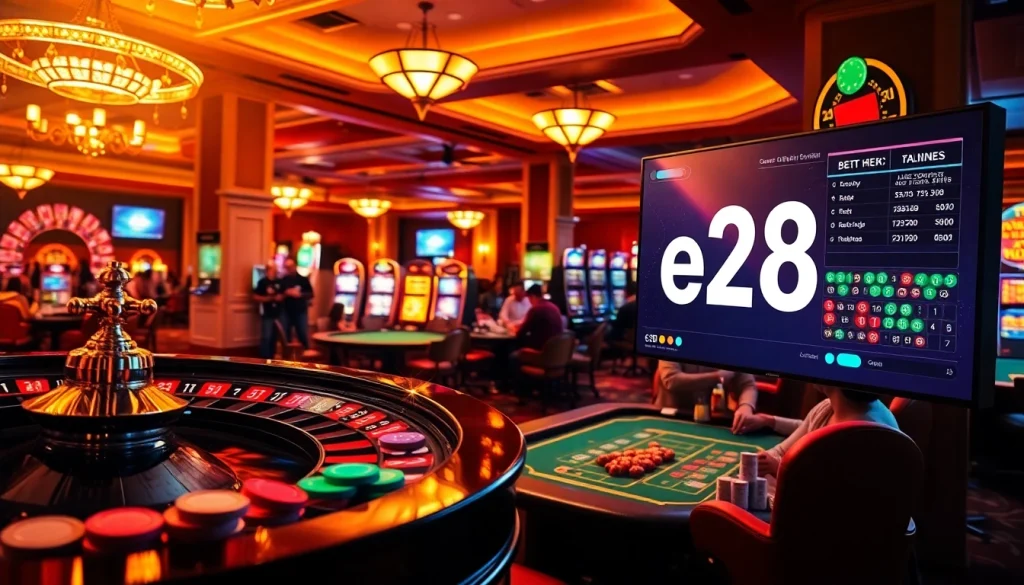 Experience the excitement of a vibrant casino gaming floor with e28 digital betting interfaces and colorful roulette wheels.